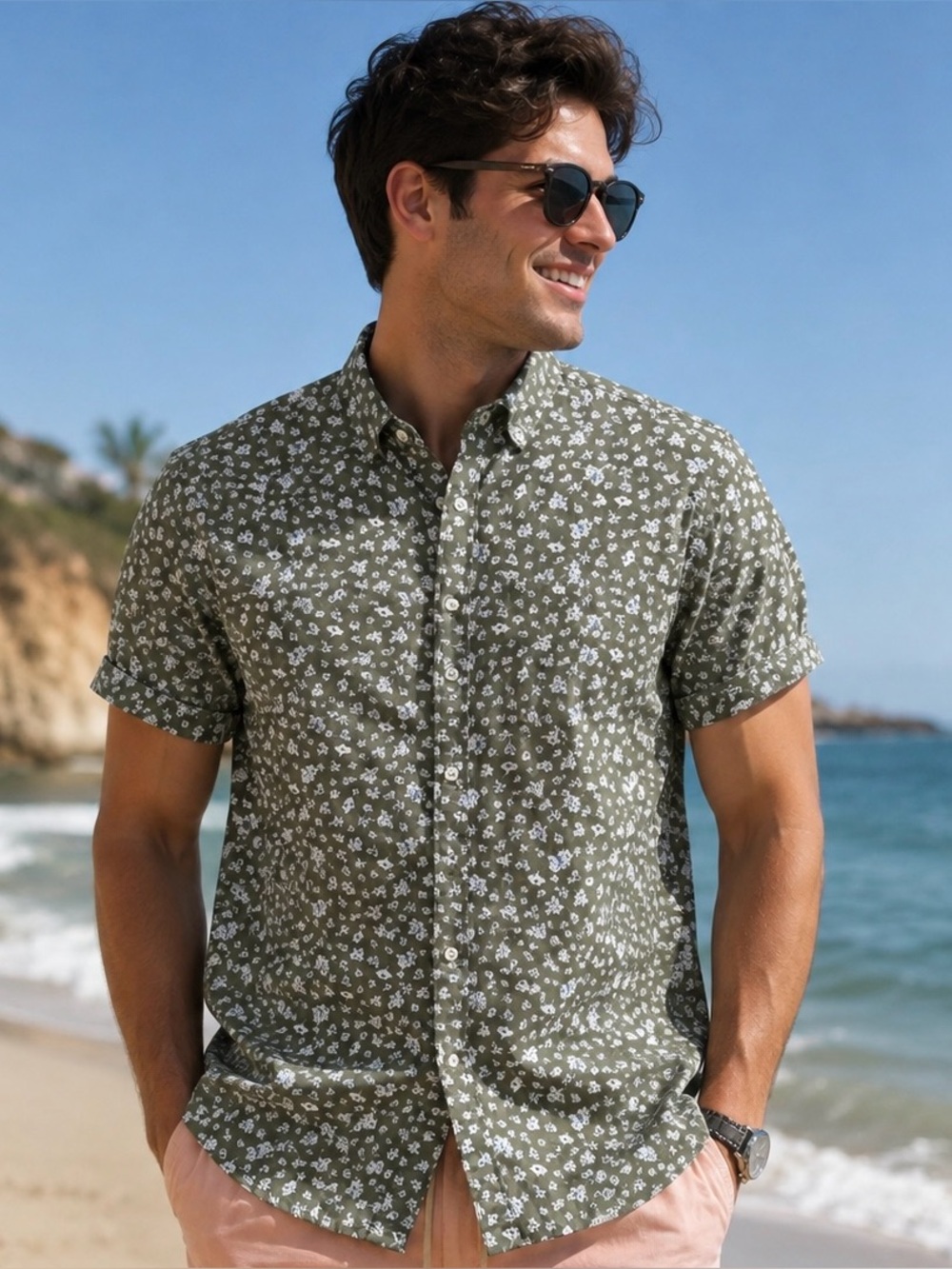 Express Men's Short-Sleeve Olive Floral Button-Up Shirt